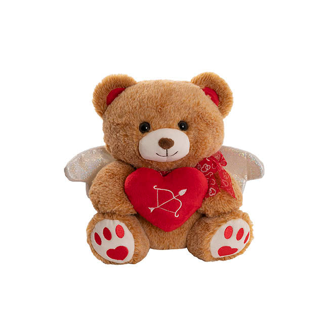 Teddy Bear Cupid Plush Soft Toy w Red Heart Brown (25cm.ST)
